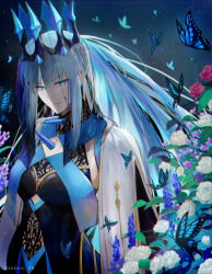 1girl alternate_costume black_dress blue_butterfly blue_eyes braid breasts bug butterfly crown dress fate/grand_order fate_(series) flower highres insect medium_breasts minoe08 morgan_le_fay_(fate) morgan_le_fay_(queen_of_winter)_(fate) night night_sky official_alternate_costume ponytail red_flower sky solo twitter_username veil white_flower white_hair