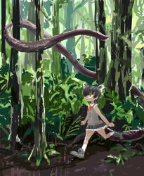 Rule 34 | 1girl, animal ears, arms at sides, black hair, black skirt, boots, bow, clenched hands, closed mouth, collared shirt, commentary request, dark-skinned female, dark skin, day, expressionless, footwear bow, forest, fossa (kemono friends), grey bow, grey footwear, grey vest, kemono friends, kneehighs, looking up, miniskirt, mud, nature, neck ribbon, outdoors, pero (sabuaka bacon), red ribbon, ribbon, shirt, short hair, skirt, sleeveless, sleeveless shirt, slit pupils, socks, solo, sweater vest, tree, very long tail, vest, walking, white shirt, white socks, wide shot, yellow eyes