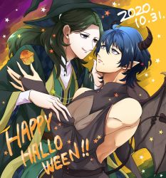 Rule 34 | 2020, 2boys, bare shoulders, blue eyes, blue hair, byleth (fire emblem), byleth (male) (fire emblem), dated, demon tail, fake horns, fire emblem, fire emblem: three houses, food, green eyes, green hair, halloween, halloween costume, happy halloween, hat, horns, kuroyu66, linhardt von hevring, long hair, muffin, multiple boys, nintendo, pointy ears, see-through, short hair, short sleeves, tail, wings, witch, witch hat