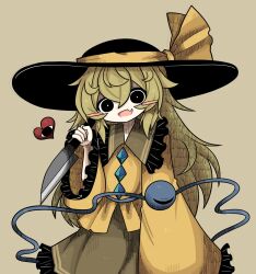 Rule 34 | 1girl, black eyes, black hat, blush stickers, bright pupils, buttons, diamond (shape), diamond button, fang, frilled shirt collar, frilled skirt, frilled sleeves, frills, green hair, green skirt, hair between eyes, hat, hat ribbon, heart, highres, holding, holding knife, holding weapon, knife, komeiji koishi, long hair, long sleeves, looking at viewer, reverse grip, ribbon, shaded face, shirt, skin fang, skirt, sleeves past fingers, sleeves past wrists, smile, solo, third eye, touhou, weapon, white pupils, wide sleeves, yellow ribbon, yellow shirt, zunusama