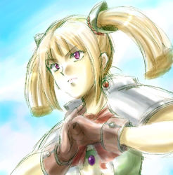 Rule 34 | 1girl, blonde hair, brown gloves, chrono (series), chrono cross, clenched hands, earrings, expressionless, fighting stance, gloves, jewelry, looking afar, lowres, orlha, short sleeves, sidelocks, solo, twintails, upper body
