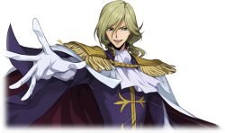Rule 34 | 1boy, arm at side, arm up, artist request, ascot, blonde hair, blue eyes, cape, clovis la britannia, coat, code geass, code geass: lost stories, cropped torso, elbow gloves, epaulettes, game cg, gloves, hair between eyes, happy, highres, long sleeves, looking at viewer, male focus, medium hair, military uniform, non-web source, official art, open mouth, outstretched arm, purple coat, reaching, reaching towards viewer, simple background, smile, solo, spread fingers, standing, teeth, transparent background, two-sided cape, two-sided fabric, uniform, upper body, v-shaped eyebrows, white ascot, white cape, white gloves