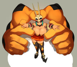 Rule 34 | 1girl, absurdres, aqua hair, aqua lips, boots, breasts, cerebella (skullgirls), cleavage, from above, full body, green lips, grey background, half-closed eye, hands up, hat, highres, large breasts, looking at viewer, naze, skirt, skullgirls, smile, solo, standing, thigh boots, thighhighs, vice-versa (skullgirls)