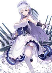 Rule 34 | 1girl, apron, azur lane, belfast (azur lane), blue eyes, braid, breasts, broken, broken chain, chain, cleavage, collar, corset, french braid, frilled apron, frilled gloves, frills, gloves, highres, large breasts, long hair, machinery, maid, maid apron, maid headdress, rudder footwear, sion (9117), solo, turret, water, white apron, white background, white hair, white legwear