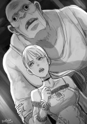 Rule 34 | 1boy, 1girl, breasts, butcha-u, capcom, choker, commentary request, debilitas, demento, fiona belli, greyscale, highres, large breasts, long hair, monochrome, open mouth, ponytail, wall-eyed