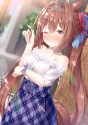 Rule 34 | 1girl, animal ears, bare shoulders, blue skirt, blurry, blurry background, blush, bracelet, breasts, brown hair, collarbone, commentary request, daiwa scarlet (umamusume), depth of field, fingernails, frilled shirt, frills, hair between eyes, hair intakes, hand up, hatsuki kaname, horse ears, horse girl, horse tail, jewelry, long hair, medium breasts, nose blush, off-shoulder shirt, off shoulder, one eye closed, parted lips, pearl bracelet, plaid, plaid skirt, red eyes, shirt, short sleeves, skirt, solo, sweat, tail, tiara, twintails, umamusume, very long hair, white shirt