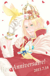 Rule 34 | 1boy, animal, arms up, axis powers hetalia, bad id, bad pixiv id, bird, birthday, blonde hair, blue eyes, blush, bracelet, cloak, crown, facial hair, france (hetalia), french text, german text, gloves, happy, heart, highres, jewelry, letter, male focus, open mouth, petals, ribbon, short hair, simple background, solo, spanish text, stubble, text focus, tokuko (ma-ma), translated