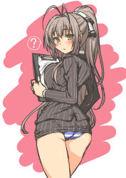 Rule 34 | 10s, 1girl, ?, amagi brilliant park, antenna hair, blush, breast press, breasts, brown eyes, brown hair, business suit, clipboard, clothes lift, clueless, formal, from behind, large breasts, long hair, long sleeves, looking back, panties, pantyshot, paper, parted lips, pencil skirt, pinstripe pattern, pinstripe suit, ponytail, sento isuzu, skirt, skirt lift, skirt suit, solo, spoken question mark, standing, striped clothes, striped panties, suit, tamori tadaji, underwear