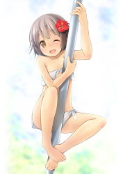 Rule 34 | 1girl, ;d, arm up, bare arms, bare legs, bare shoulders, barefoot, bikini, blurry, blurry background, brown eyes, brown hair, climbing, collarbone, commentary request, commission, depth of field, flower, full body, hair flower, hair ornament, highres, looking at viewer, one eye closed, open mouth, original, pole, red flower, shibacha, skeb commission, smile, solo, swimsuit, white bikini