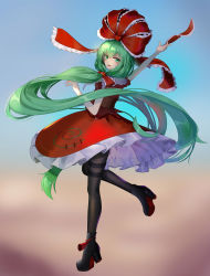 Rule 34 | 1girl, absurdres, bow, dress, gradient background, green eyes, green hair, hair bow, highres, kagiyama hina, long hair, open mouth, qinyuzhen, red bow, red dress, short sleeves, smile, solo, touhou, very long hair