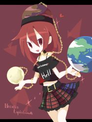 Rule 34 | 1girl, bad id, bad twitter id, bare shoulders, belt, belt buckle, black shirt, blood, blood on clothes, blush, buckle, chain, character name, clothes writing, collar, earth (ornament), earth (planet), english text, engrish text, frilled skirt, frills, gold chain, hair between eyes, hat, heart, hecatia lapislazuli, highres, holding, legacy of lunatic kingdom, looking at viewer, miniskirt, mononomo616, moon (ornament), multicolored clothes, multicolored skirt, navel, off-shoulder shirt, off shoulder, open mouth, plaid, plaid skirt, planet, ranguage, red background, red eyes, red hair, shirt, short sleeves, sidelocks, simple background, skirt, smile, solo, sparkle, t-shirt, touhou, triangle