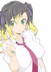 Rule 34 | 1girl, absurdres, bad id, bad twitter id, black hair, blonde hair, blue nails, breasts, closed mouth, collared shirt, donguri suzume, fingernails, green eyes, hair between eyes, highres, large breasts, looking at viewer, multicolored hair, nail polish, necktie, red necktie, shirt, short sleeves, simple background, solo, twintails, two-tone hair, upper body, w, white background, white shirt, wing collar