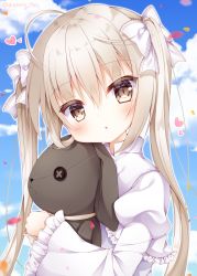 Rule 34 | 1girl, ahoge, blue sky, blush, bow, brown eyes, brown hair, cloud, commentary request, day, dress, frilled sleeves, frills, fuxiyu, hair bow, head tilt, heart, highres, juliet sleeves, kasugano sora, long hair, long sleeves, looking at viewer, hugging object, outdoors, parted lips, petals, puffy sleeves, sky, sleeves past wrists, solo, stuffed animal, stuffed rabbit, stuffed toy, twintails, twitter username, upper body, very long hair, white bow, white dress, yosuga no sora