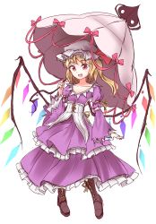 Rule 34 | 1girl, :d, bad id, bad twitter id, bat wings, blonde hair, boots, bow, corset, cosplay, crystal, dress, fang, flandre scarlet, full body, fusion, hat, hat bow, hat ribbon, highres, laevatein, layered dress, long sleeves, minust, mob cap, open mouth, parasol, red eyes, ribbon, short hair, side ponytail, simple background, slit pupils, smile, solo, tabard, touhou, umbrella, white background, wide sleeves, wings, yakumo yukari, yakumo yukari (cosplay)