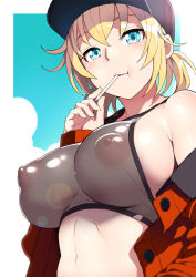 Rule 34 | 1girl, :t, baseball cap, black bra, black hat, blonde hair, blue background, blue eyes, blush, bra, breasts, copyright request, covered erect nipples, hat, highres, holding, jacket, large breasts, long sleeves, looking at viewer, off shoulder, red jacket, see-through, shin&#039;ya (shin&#039;yanchi), solo, underwear, upper body, white background