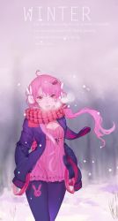 Rule 34 | 1girl, ahoge, bad id, bad pixiv id, breath, cowboy shot, earmuffs, english text, hair ornament, hands in pockets, highres, hoshimawa, long hair, low twintails, open mouth, pantyhose, purple eyes, purple hair, scarf, snow, solo, twintails, vocaloid, voiceroid, winter, yuzuki yukari
