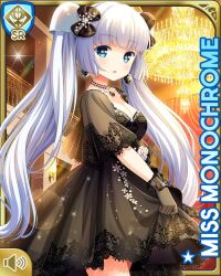 Rule 34 | 1girl, black bow, black dress, black footwear, blue eyes, blunt bangs, bow, card, chandelier, character name, dress, girlfriend (kari), hair bow, indoors, mansion, miss monochrome, miss monochrome (character), night, official art, open mouth, qp:flapper, solo, standing, tagme, twintails, white hair