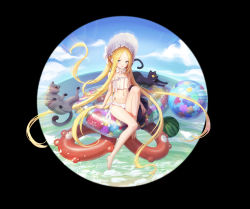 Rule 34 | 1girl, abigail williams (fate), abigail williams (swimsuit foreigner) (fate), animal, ball, barefoot, bikini, black background, blonde hair, blue eyes, blue sky, bonnet, cat, cloud, day, fate/grand order, fate (series), food, frilled bikini, frills, fruit, full body, highres, long hair, looking at viewer, navel, ocean, outdoors, parted bangs, sarena, simple background, sitting, sky, solo, stomach, swimsuit, toes, very long hair, watermelon, white bikini