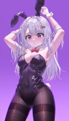 Rule 34 | 1girl, animal ears, armpits, arms up, black leotard, blue eyes, blush, breasts, carrot hair ornament, cleavage, closed mouth, commentary, covered navel, detached collar, fake animal ears, food-themed hair ornament, hair ornament, hairclip, highleg, highleg leotard, highres, leotard, long hair, medium breasts, original, pantyhose, pink background, playboy bunny, rabbit ears, simple background, solo, strapless, strapless leotard, symbol-only commentary, syu bit, thighband pantyhose, white hair, wrist cuffs