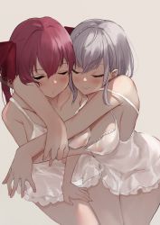 Rule 34 | 2girls, blush, breasts, closed eyes, commentary request, eyebrows hidden by hair, face, hair ribbon, highres, hololive, houshou marine, large breasts, medium breasts, multiple girls, no bra, ramuda (guilty931), red hair, red ribbon, ribbon, see-through, shirogane noel, short hair, silver hair, smile, twintails, virtual youtuber, yuri