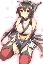 Rule 34 | 10s, 1girl, amedamacon, bad id, bad pixiv id, bare shoulders, black gloves, black hair, breasts, character name, cleavage, elbow gloves, female focus, fingerless gloves, gloves, headgear, highres, kantai collection, large breasts, long hair, looking at viewer, midriff, miniskirt, nagato (kancolle), pleated skirt, red eyes, red thighhighs, sitting, skirt, solo, thighhighs, very long hair, wariza, white skirt