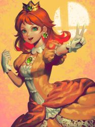 Rule 34 | 1girl, arms up, bellhenge, breasts, brown hair, cowboy shot, crown, dress, earrings, flower earrings, frilled dress, frills, gem, gloves, green eyes, happy, jewelry, lips, long hair, looking at viewer, mario (series), nintendo, open mouth, orange background, princess daisy, puffy short sleeves, puffy sleeves, short hair, short sleeves, smile, solo, super smash bros., v, white gloves, yellow dress