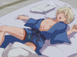Rule 34 | 10s, 1boy, @@@, bad id, bad pixiv id, blonde hair, blue male underwear, boxers, briefs, bulge, closed eyes, ivan karelin, japanese clothes, male focus, male underwear, nipples, open clothes, open mouth, short hair, sleeping, solo, tiger &amp; bunny, underwear, zzz