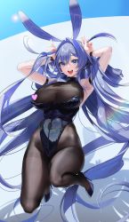 Rule 34 | 1girl, absurdres, animal ears, arms up, azur lane, bare shoulders, black leotard, blue eyes, blue hair, blush, breasts, censored, cleavage, dore (gilles dore), fake animal ears, hair between eyes, heart, heart censor, highres, huge filesize, jumping, large breasts, leotard, long hair, looking at viewer, narrow waist, new jersey (azur lane), new jersey (exhilarating steps!) (azur lane), official alternate costume, pantyhose, playboy bunny, rabbit ears, see-through, see-through cleavage, solo, very long hair, wardrobe malfunction