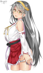 Rule 34 | 10s, 1girl, bare shoulders, black hair, blush, breasts, detached sleeves, female focus, from side, hairband, haruna (kancolle), headgear, isshiki (ffmania7), japanese clothes, kantai collection, large breasts, long hair, looking at viewer, nontraditional miko, open mouth, panties, panty pull, pulling own clothes, ribbon-trimmed sleeves, ribbon trim, simple background, skirt, solo, striped clothes, striped panties, underwear, very long hair, white background, white panties, yellow eyes