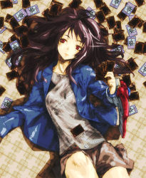 Rule 34 | 1girl, bad id, bad pixiv id, bed, card, card on person, duel disk, duel monster, holding, holding card, ikuhana niiro, jacket, long hair, lying, person on card, purple hair, red eyes, skirt, solo, too many cards, yu-gi-oh!, yu-gi-oh! duel monsters