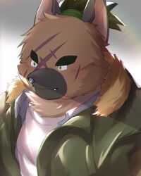 Rule 34 | 1boy, absurdres, animal ears, bara, blush, brown fur, closed mouth, commentary, dog boy, dog ears, facial scar, fang, fang out, fur-trimmed jacket, fur trim, furry, furry male, gradient background, green eyes, green hair, green jacket, grey background, highres, jacket, light smile, male focus, pig p0318, rainbow, scar, scar on cheek, scar on face, shirt, simple background, solo, thick eyebrows, tokyo houkago summoners, upper body, white shirt, yasuyori (housamo)