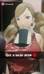 Rule 34 | 1girl, 3d, absurdres, breasts, bubble tea, bubble tea challenge, camouflage, drink, drinking straw, emoticon, english text, highres, large breasts, looking at viewer, meme, necrocain, persona, persona 5, selfie, snapchat, solo, takamaki anne, tank top, text focus, twintails, upper body