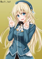 Rule 34 | 10s, 1girl, anti (untea9), atago (kancolle), blazer, blonde hair, blue eyes, blue hat, bow, double v, hat, highres, jacket, kantai collection, long hair, long sleeves, looking at viewer, simple background, smile, solo, standing, twitter username, uniform, v, yellow background