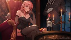 Rule 34 | 1girl, absurdres, black dress, bottle, butler, candelabra, candle, candlestand, chair, cup, dress, drinking glass, earrings, elbow gloves, garter straps, gloves, gum shrew, highres, hololive, hololive english, jewelry, looking at viewer, mori calliope, official art, pink hair, red eyes, sitting, strapless, strapless dress, table, virtual youtuber, window, wine bottle, wine glass