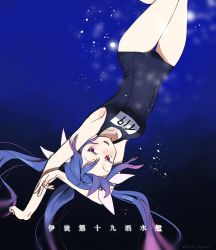 Rule 34 | 1girl, armpits, black one-piece swimsuit, blue hair, blush, feet out of frame, highres, i-19 (kancolle), kakiyayoshi, kantai collection, long hair, name tag, one-hour drawing challenge, one-piece swimsuit, open mouth, red eyes, school swimsuit, smile, solo, swimsuit, tri tails, twitter username, underwater, upside-down