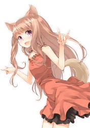 Rule 34 | 1girl, :d, \n/, animal ears, bare shoulders, brown hair, double fox shadow puppet, dress, fox ears, fox shadow puppet, fox tail, long hair, maeda risou, open mouth, original, red dress, red eyes, red skirt, simple background, skirt, smile, solo, symbol-shaped pupils, tail, white background