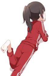 Rule 34 | 1girl, barefoot, black hair, buchi (y0u0ri ), feet, female focus, from behind, highres, jacket, lying, on stomach, original, pants, ponytail, simple background, soles, solo, toes, track jacket, track pants, white background