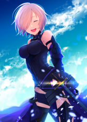 Rule 34 | 1girl, armor, armored boots, armored dress, arms behind back, black thighhighs, blue sky, boots, cloud, cloudy sky, cocorosso, commentary request, day, fate/grand order, fate (series), hair over one eye, highres, looking at viewer, mash kyrielight, one eye covered, purple hair, sheath, sheathed, short hair, sky, solo, sword, thighhighs, weapon, wind