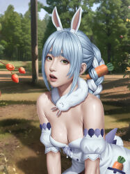 Rule 34 | 1girl, absurdres, animal ear fluff, animal ears, areola slip, bare shoulders, blue hair, blue sky, braid, breasts, caramel buding, carrot, carrot hair ornament, carrot in pocket, cleavage, coat dress, commentary, detached sleeves, don-chan (usada pekora), dress, foliage, food, food-themed hair ornament, forest, fruit, fur scarf, grass, green eyes, hair between eyes, hair ornament, hands on ground, hands on own knees, highres, hikimayu, hololive, kneeling, leaning forward, lips, long hair, medium breasts, multicolored hair, nature, nose, outdoors, parted lips, pink lips, puffy short sleeves, puffy sleeves, rabbit ears, rabbit girl, rabbit tail, realistic, romaji commentary, shadow, short eyebrows, short sleeves, sidelocks, sky, solo, strapless, strapless coat, strapless dress, strawberry, tail, teeth, thick eyebrows, twin braids, two-tone hair, upper teeth only, usada pekora, usada pekora (1st costume), virtual youtuber, white fur, white hair, white sleeves