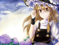 Rule 34 | 1girl, apron, black dress, blonde hair, bow, braid, dress, closed eyes, flower, hair bow, hand up, hat, hat bow, hujitaumi, hydrangea, kirisame marisa, long hair, looking at viewer, pointing, pointing up, puffy short sleeves, puffy sleeves, sash, shirt, short sleeves, single braid, smile, solo, star (symbol), touhou, upper body, vest, witch, witch hat, yellow eyes