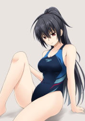 Rule 34 | 1girl, arm support, black hair, blue one-piece swimsuit, borrowed character, breasts, competition swimsuit, covered navel, fuuma nagi, grey background, long hair, looking at viewer, medium breasts, one-piece swimsuit, original, ponytail, red eyes, sitting, smile, solo, speedo (company), swimsuit