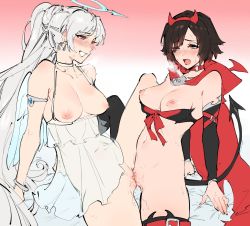 Rule 34 | 2girls, armlet, black hair, black legwear, blush, bracelet, breasts, breasts out, cape, chemise, choker, clitoral hood, clitoral stimulation, clitoris, commentary, commission, demon tail, detached sleeves, earrings, english commentary, fake horns, hairband, halo, heavy breathing, highres, horns, jewelry, kenshin187, long hair, medium breasts, multiple girls, navel, nipples, o-ring, o-ring choker, open mouth, ponytail, pussy, pussy juice, red cape, red choker, red hairband, ruby rose, rwby, see-through, short hair, silver hair, sketch, spread legs, sweat, tail, thighhighs, tribadism, uncensored, very long hair, weiss schnee, white choker, yuri