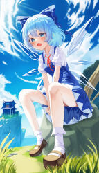 Rule 34 | 1girl, absurdres, blue bow, blue dress, blue eyes, blue hair, blue sky, blush, bow, brown footwear, cirno, cloud, commentary, day, dress, fang, grass, hair between eyes, hair bow, highres, ice, ice wings, ju-ok, legs, looking at viewer, open mouth, outdoors, shoes, short hair, sitting, skin fang, sky, socks, solo, touhou, white socks, wings