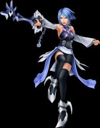 Rule 34 | 1girl, 3d, angry, aqua (kingdom hearts), armpits, bare shoulders, black background, black thighhighs, blue eyes, blue hair, breasts, clenched hands, collarbone, collared shirt, detached sleeves, eyelashes, female focus, fighting stance, floating, full body, hair between eyes, highres, holding, holding sword, holding weapon, keyblade, kingdom hearts, legs, looking away, matching hair/eyes, medium breasts, neck, official art, open mouth, outstretched arm, outstretched arms, parted bangs, shiny clothes, shiny skin, shirt, short hair, short shorts, shorts, sidelocks, simple background, sleeveless, sleeveless shirt, spread arms, sword, thighhighs, thighs, thighs together, weapon