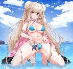 Rule 34 | 1girl, absurdres, azur lane, bare shoulders, barefoot, benedia, bikini, blue bikini, blue sky, braid, braided bun, breasts, brown hair, cameltoe, choker, cleavage, cloud, collarbone, commentary request, day, double bun, feathered wings, formidable (azur lane), formidable (the lady of the beach) (azur lane), gluteal fold, hair bun, highres, large breasts, long hair, looking at viewer, navel, ocean, outdoors, parted lips, red eyes, revision, single thighhigh, sky, solo, squatting, starfish, stomach, swimsuit, thighhighs, thighs, twintails, very long hair, water, wet, white thighhighs, wings