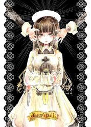 Rule 34 | 1girl, black background, border, brown hair, character name, cross, disembodied limb, doll, expressionless, goth fashion, grey eyes, halo, highres, hime cut, holding, holding cross, holding doll, holding knife, jewelry, knife, kurage nanami, long hair, looking at viewer, original, painting (medium), red lips, red nails, ring, sidelocks, solo, traditional media, very long hair, watercolor (medium), white border