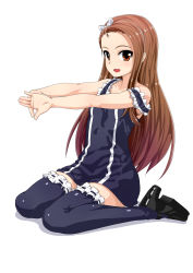 Rule 34 | 1girl, bare shoulders, black footwear, black thighhighs, brown hair, dress, frilled thighhighs, frills, full body, gradient hair, hairband, highres, idolmaster, idolmaster (classic), long hair, mamezou, minase iori, multicolored hair, open mouth, outstretched arms, plantar flexion, red eyes, shoes, simple background, sitting, smile, solo, strap slip, stretching, thighhighs, wariza, zettai ryouiki