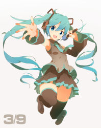 Rule 34 | 1girl, 39, aqua eyes, aqua hair, boots, detached sleeves, hatsune miku, headphones, highres, jumping, long hair, microphone, necktie, outstretched arm, pinky out, simple background, skirt, solo, thigh boots, thighhighs, tomioka jirou, twintails, very long hair, vocaloid