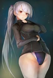 Rule 34 | 1girl, breasts, competition swimsuit, highres, jacket, large breasts, one-piece swimsuit, original, ponytail, red eyes, silver hair, solo, swimsuit, swimsuit under clothes, taishi (picchiridou), tsuru-chan