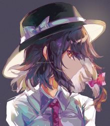 Rule 34 | 1girl, absurdres, ayatsuki sugure, black background, bow, brown eyes, brown hair, collared shirt, commentary request, fedora, hair ribbon, hat, hat bow, hat ribbon, highres, looking at viewer, necktie, portrait, profile, red necktie, red ribbon, ribbon, shirt, short hair, simple background, solo, touhou, twitter username, upper body, usami renko, white bow, white ribbon, white shirt, wing collar